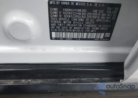 2026 Honda Hr-V Awd Ex-L из США, поврежденный, VIN 3CZRZ2H76TM736575